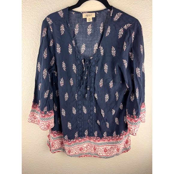 Style & Co. Tops - Style& Co Navy Blue Floral Print Lace Up Tassel Tunic Top Womens Size S Boho